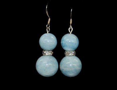 Beautiful Gemstone Aquamarine Earrings 2xBalls 925 Silver Ear Hooks