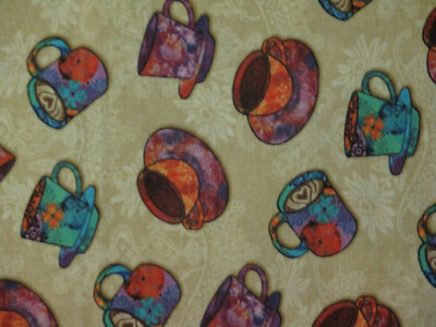 MOD COFFEE CUPS DRINKS BRIGHT COLORS TAN COTTON FABRIC FQ