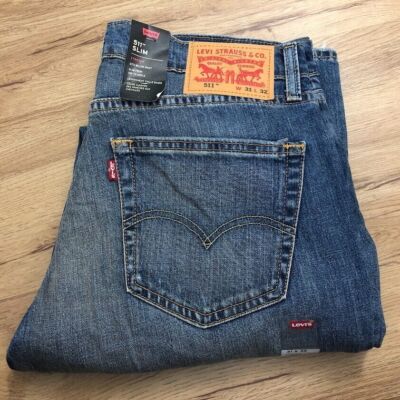 New Levis 511 Premium Slim Fit Blue Jeans 31x32 Big E Stretch Mens Distressed