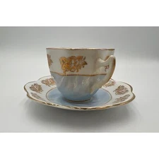 Crownford Cup and Saucer Teacup Bone China England Light Blue Gold Vintage