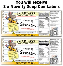 2x Sarcasm Smart Ass Soup Can Labels Office Party Desk Award Funny Joke Gag GIFT