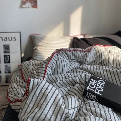 Juego de funda nórdica juego de edredón ins estilo minimalista nórdico juego de cama a rayas grises de cuatro - Imagen 3 de 27