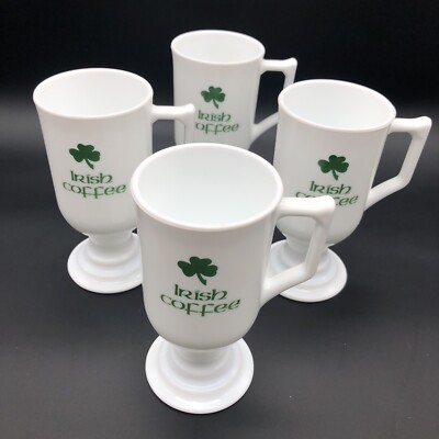Vintage Set of 4 Tall Milk Glass Irish Coffee Mugs Pedestal Cups With  Shamrocks | eBay