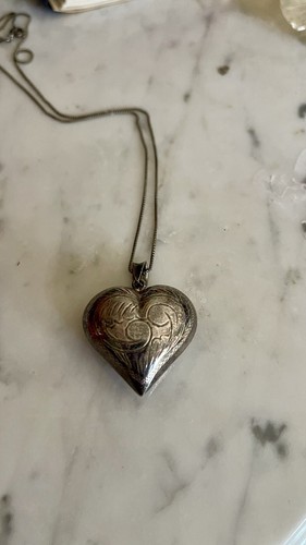large vintage antique puffy silver heart necklace 925 - Picture 7 of 7