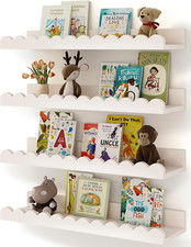 4-Pack White Nursery Bookshelves - Scalloped Floating Wall Shelves Kids Room