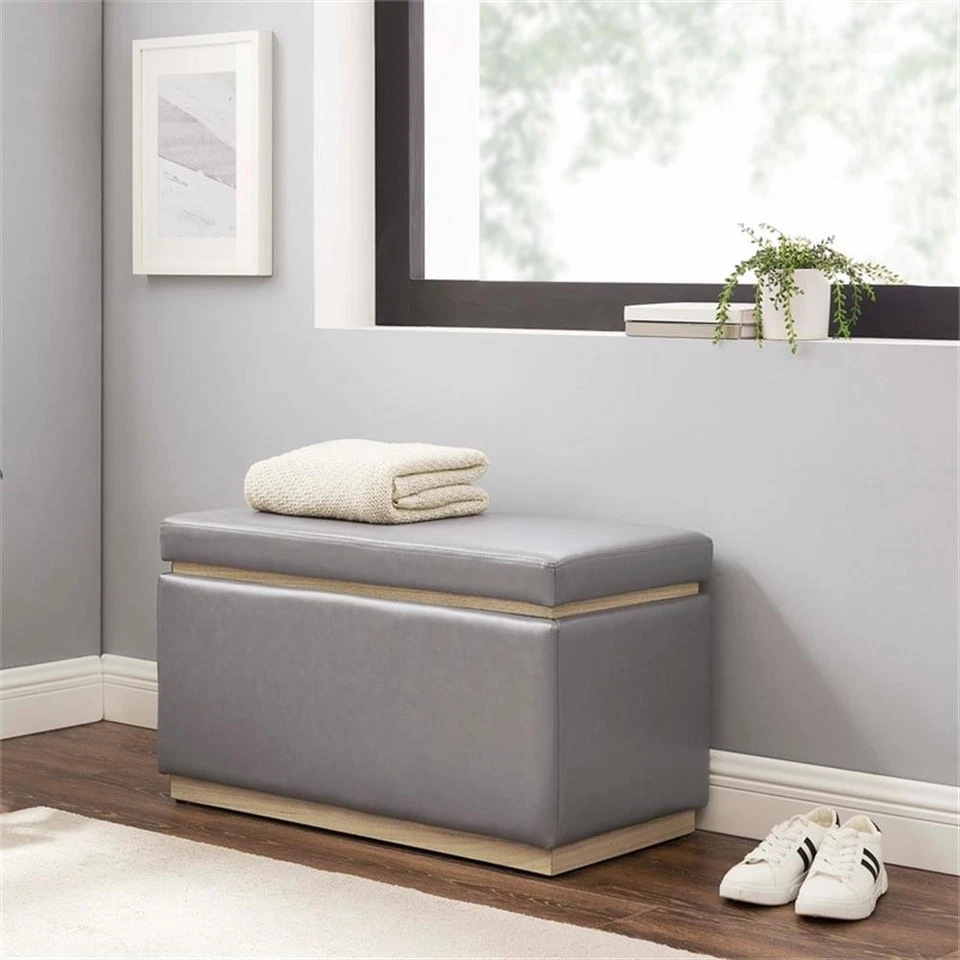 Linon Hawn Rectangle Storage Ottoman Natural Wood Trim in Grey Faux Leather - Image 2 of 4