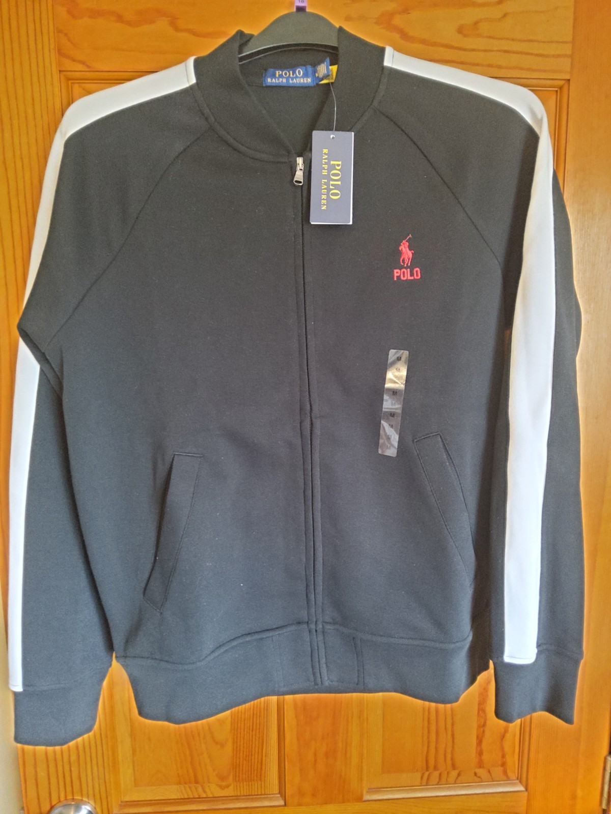 PONY Polo Ralph Lauren Uomo Doppia Maglia Maglia Baseball Pista Giacca Nero Multi Medium