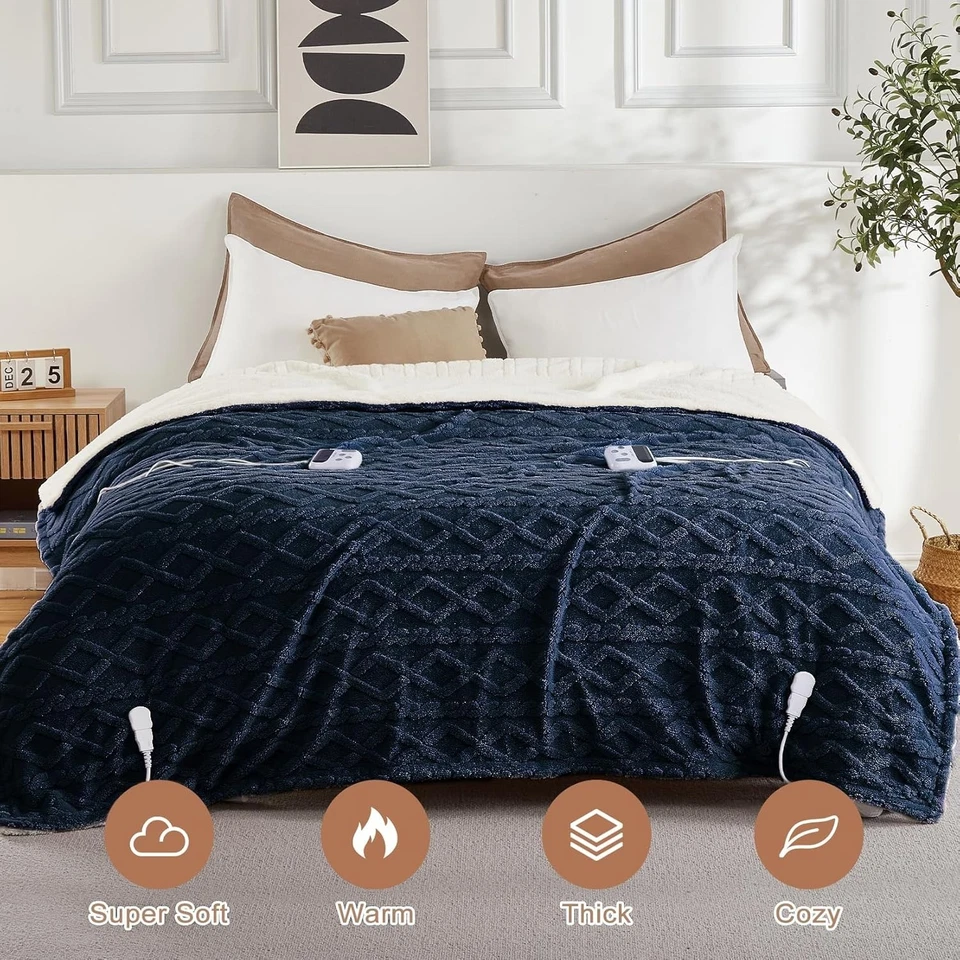 Manta eléctrica gruesa acolchada Sherpa calefacción rápida tamaño doble control azul marino Foto 3 de 4