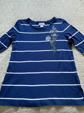 Liz Claiborne Women Striped Floral 3/4 Sleeve Crew Neck Blouse Blue Petite PM