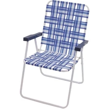 Rio Brands Step-Up Blue & White Polyester Web High-Back Steel Folding Chair Rio
