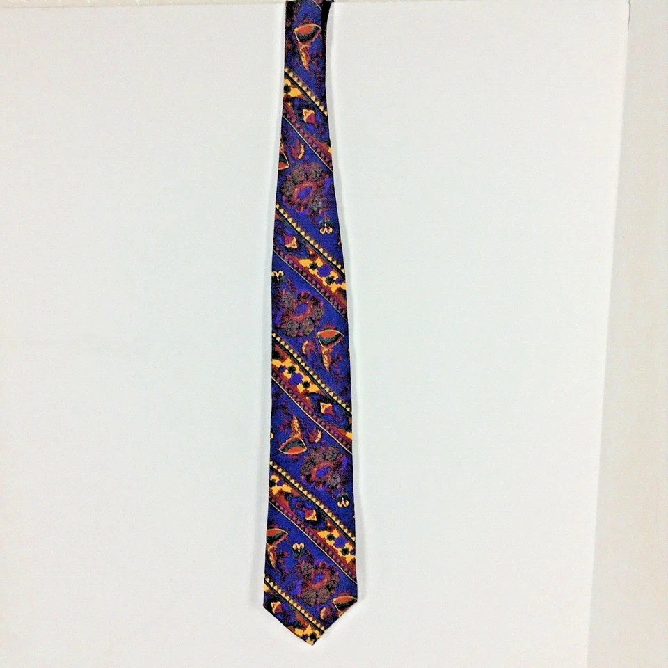 Gap Necktie 100% Silk Indigo Blue Butter Yellow Brick Red Floral Made in USA - Image 4 of 4