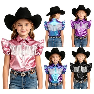 Girls Shirt Cosplay Top Theme Party Blouse Pointed Collar Ruffled Sleeves