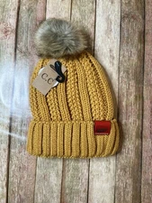 C.C Beanie Thick Cable Knit Faux Fuzzy Fur Pom Fleece Lined Skull Cuffed Cap  