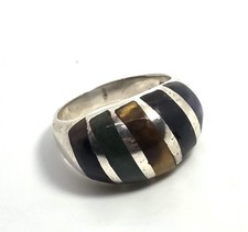 Multi Gemstone Inlay Domed Taxco Mexico 925 Sterling Silver vintage ring size 7