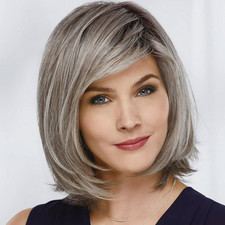 Women Short Bob Grey Wig Ombre Gray Wigs Straight Dark Roots Natural Gray Wigs
