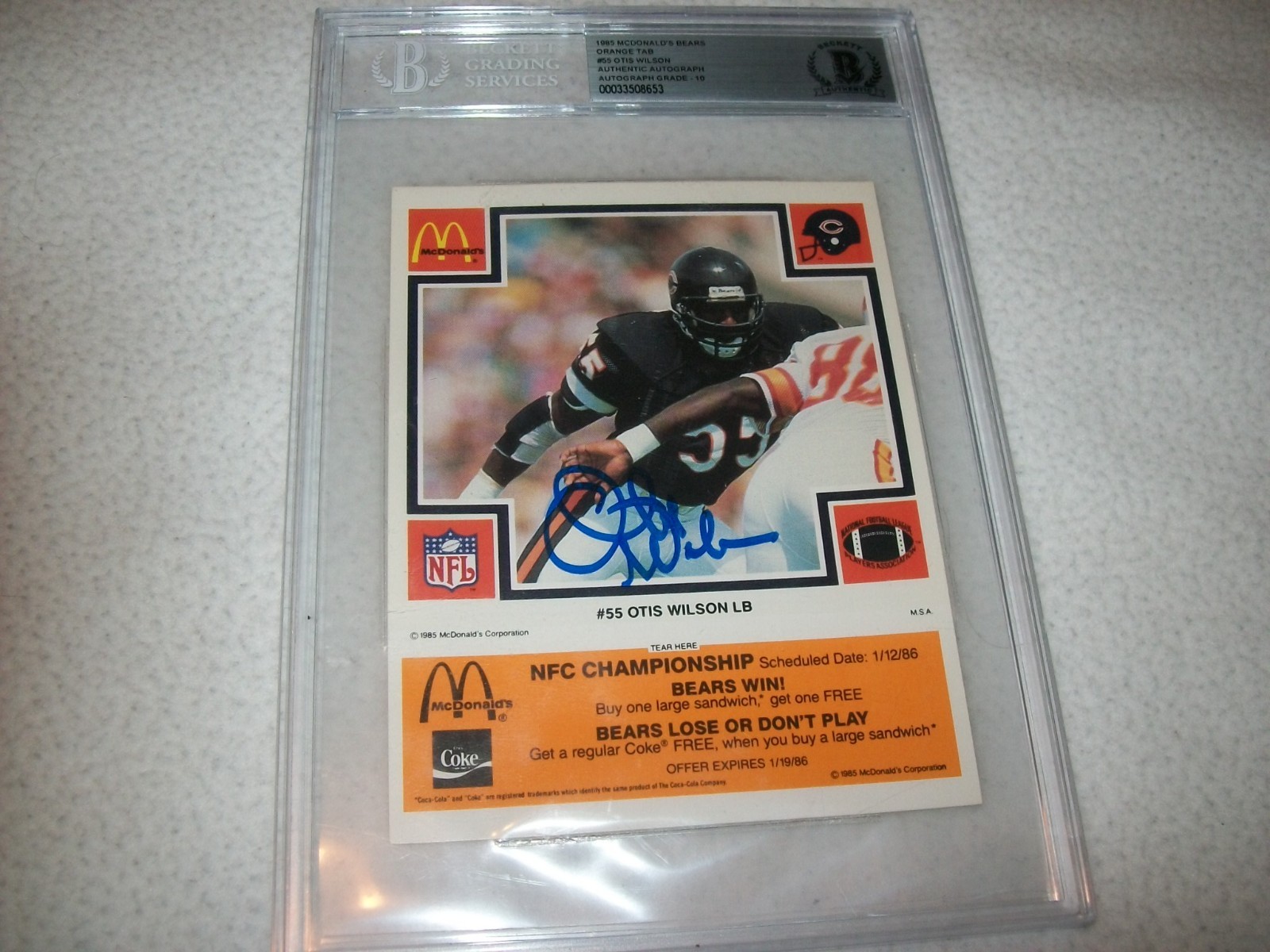 1985 McDonald's Bears Orange Tab Otis Wilson Beckett Authentic Signed Auto