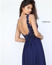 Sherri Hill Navy Blue Dress SZ O Lace Chiffon Elegant Gown Prom Bling Evening