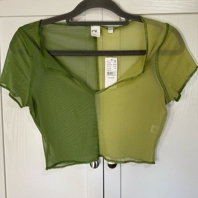 NWT PacSun PAC Cares Green Mesh Colorblock Crop Top XS Y2K Sheer Grunge Festival