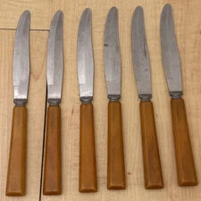 Vintage Forgecraft Set 6 Butter Knives Butterscotch Bakelite Handles Stainless
