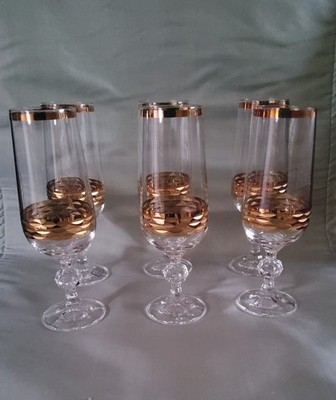 6 Sektgläser von Bohemia, Böhmisches Glas mit Goldrand