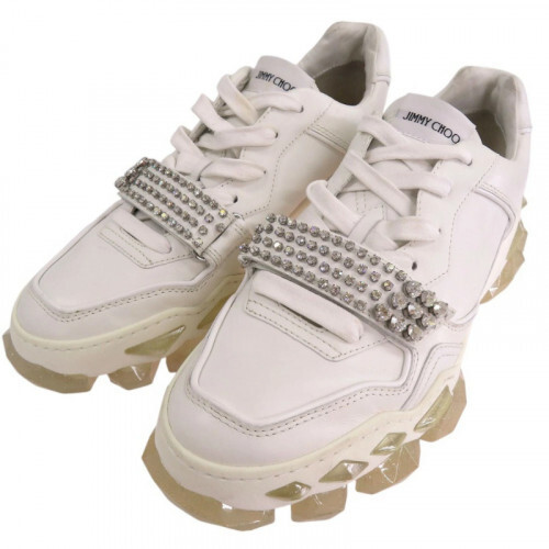 JIMMY CHOO Rhinestones Strap Leather Sneakers White [Size42
