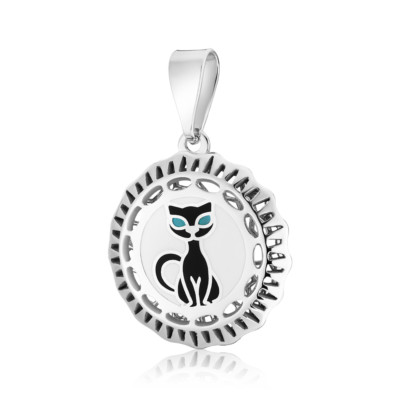 Cat Motif 925 Silver Enamel Pendant Necklace Brand Jewellery 