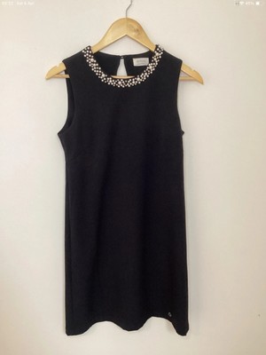 Numph Sleeveless Black Dress Size 10 With Faux Pearls Around The Neckline 
