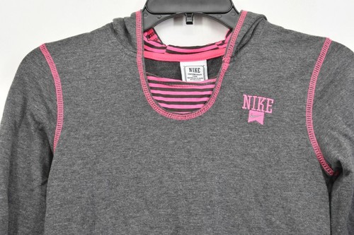 Nike Girl Junior Pink Gray Stripe Long Sleeve Ribbed Pullover Hooded Sweater L - Picture 3 of 12