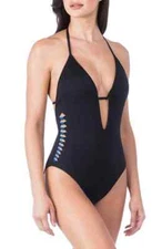 Kenneth Cole Cut-out Side One Piece Key Hole Chest Black Swimsuit Size S $111