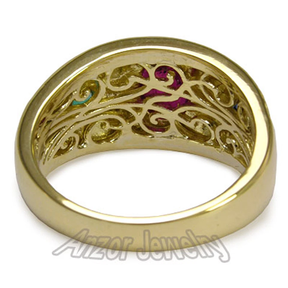 Men's 14k Gold Three-Stone Ruby Sapphire Emerald Ring, Sizes 8 to 14  - Image 3 of 4