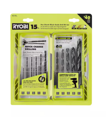 Brand New RYOBI A971503 Black Oxide Hex Shank Drill Bit Set (15-Piece)