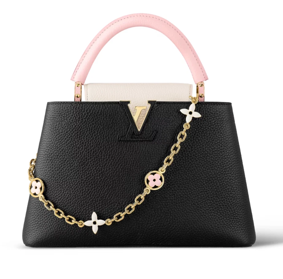 LOUIS VUITTON Capucines MM Handbag Black/ Cream/ Pink Gold Chain