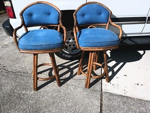 Pair Swivel Rattan Bamboo Tiki Bar Barstools, Vintage
