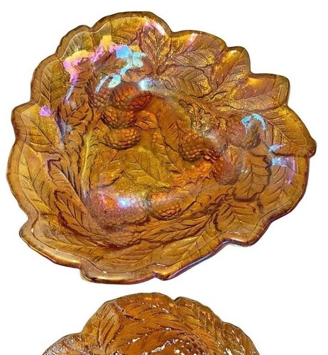 Set of 2 Vintage INDIANA GLASS Amber Loganberry Leaves Bon Bon Candy Dish