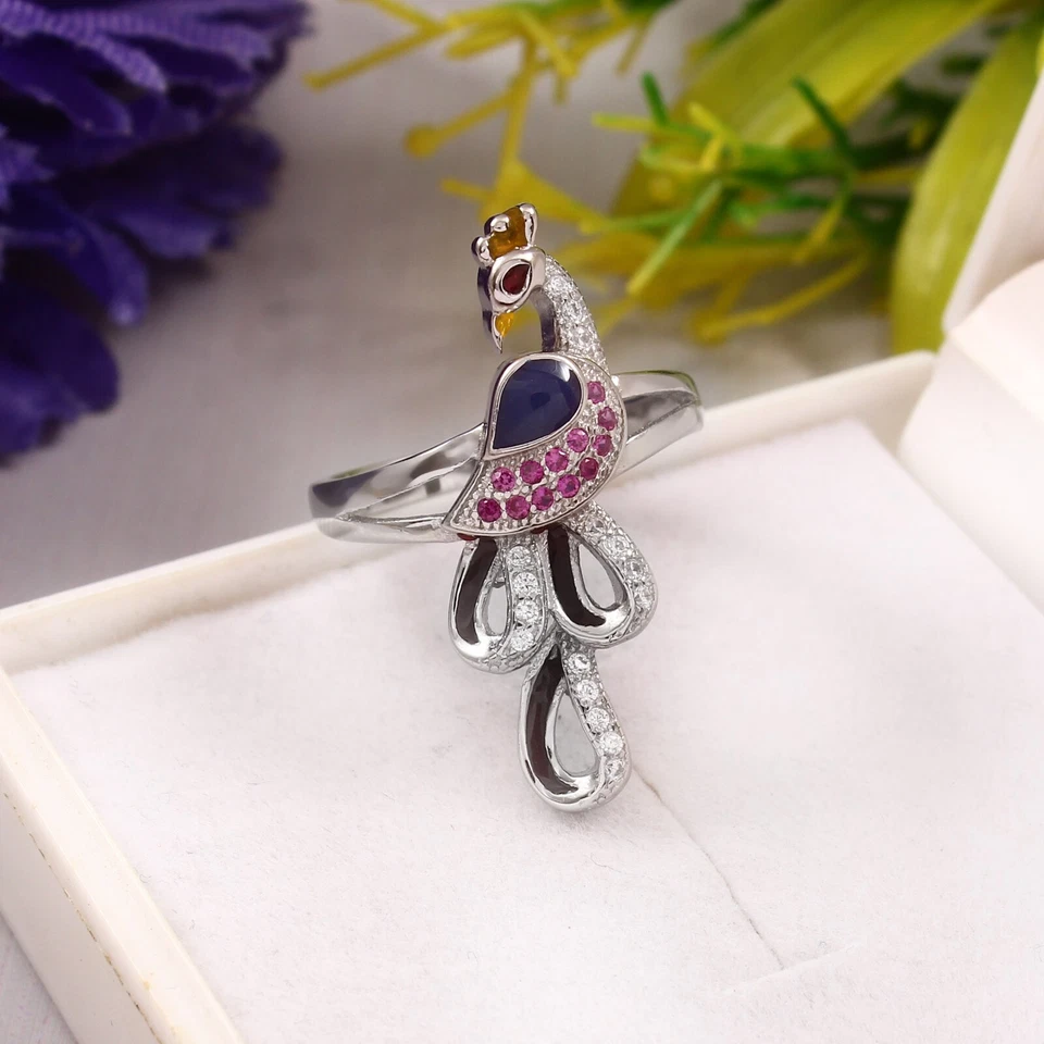 925 Argento Anello Pavone Design Argento Gioielli Rubino Moissanite Gemma Anello - Immagine 3 di 3