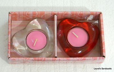 2 Glass Valentine Heart Candles Tea Lights Red & White 2005 NEW in Box