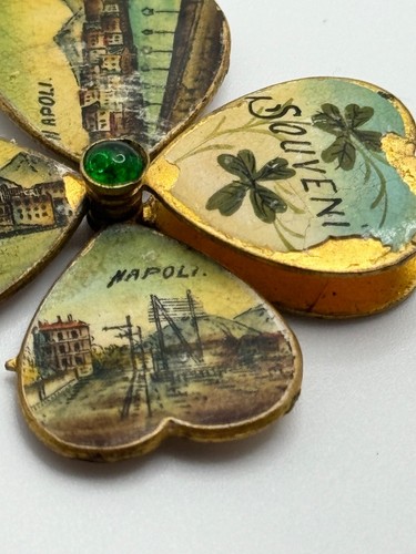 Antique Enamel Souvenir Naples Italy Napoli Travel 4 Leaf Clover Opening Charm - Picture 9 of 15