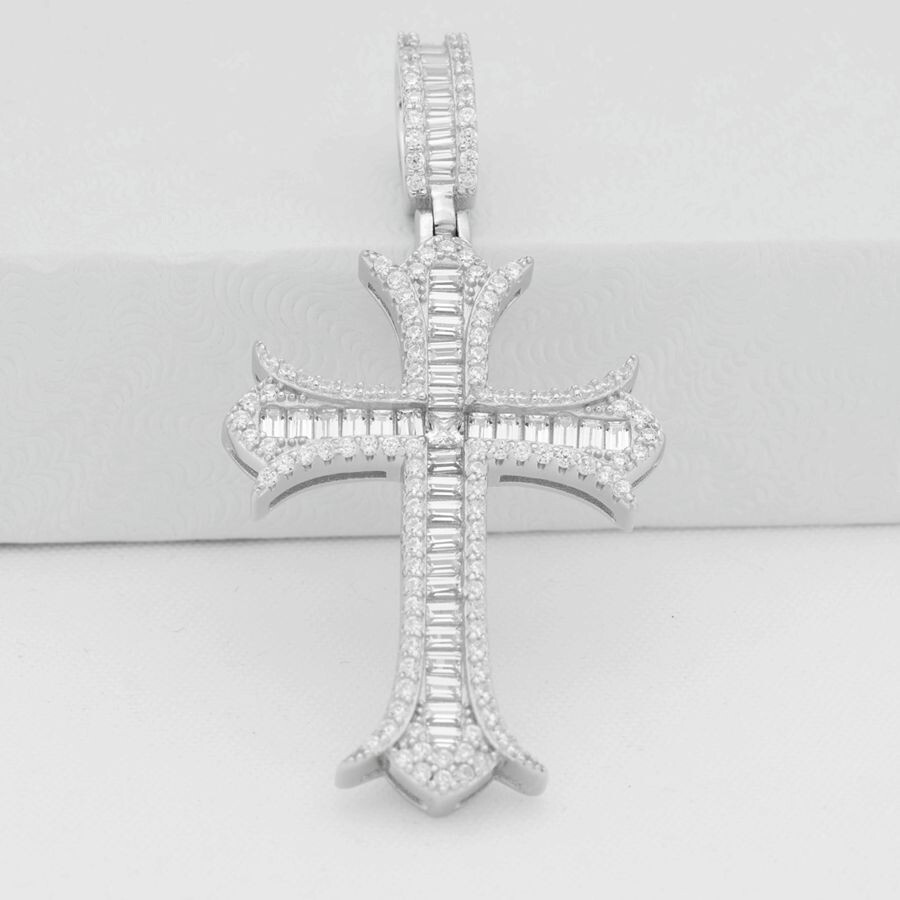 Men's 42mm Sterling Silver Cross Pendant With CZ Stones - Brilliant Cut, Unisex, Includes Gift Box