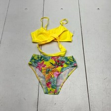 Yellow Tropical Print Criss Cross High-Waisted Bikini Girls Size 9-10 NEW