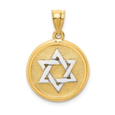 14K Yellow & White Gold Solid Satin Finish Flat Back Star Of David Disc Pendant