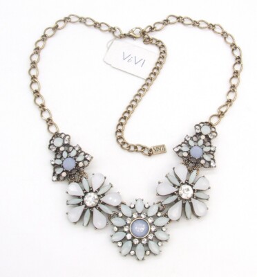 NWT ViVi 18'' Bronze-T Crystal, Blue & Moon Stone Lucite Flower Bib Necklace ViVl
