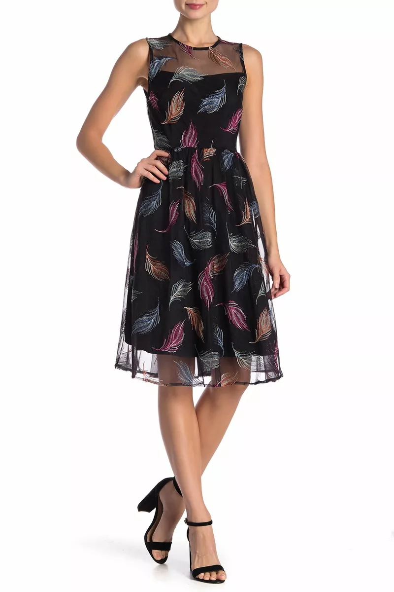 Calvin Klein Black Mesh Colorful Feather Embroidered Fit and Flare Dress Size 4