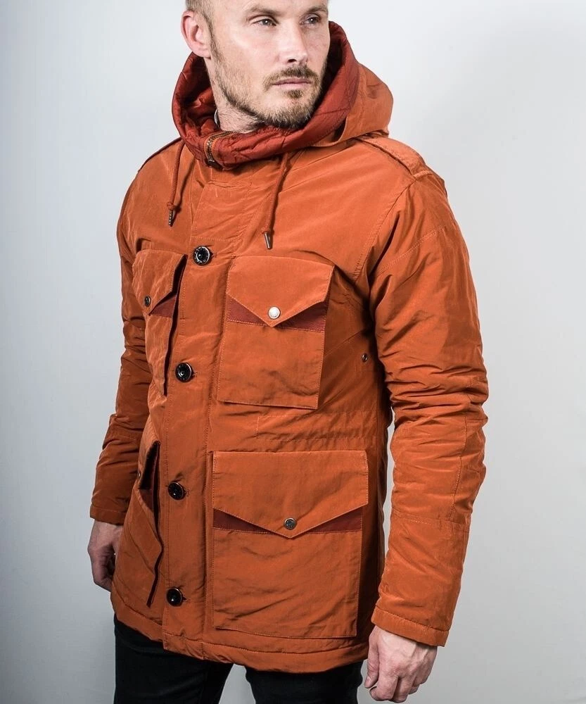 Pretty Green Puffer Winter Nylon Parka Jacket Hooded Button Up Brown Orange S