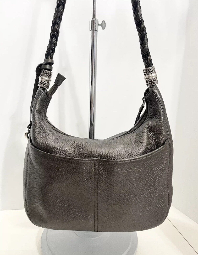 Brighton Barbados Pewter Gray Zip Top Hobo Shoulder Bag Pebbled