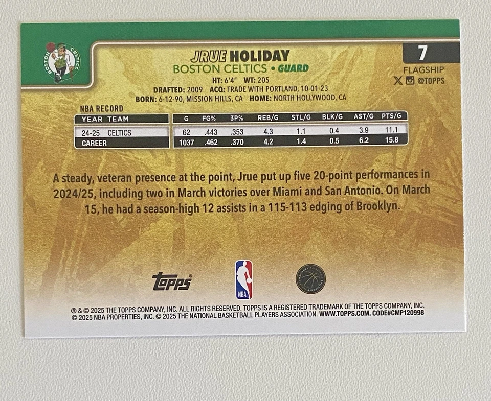 2025-26 Topps Baloncesto Jrue Vacaciones ESPEJO DORADO SSP #7 Celtics  Foto 2 de 3