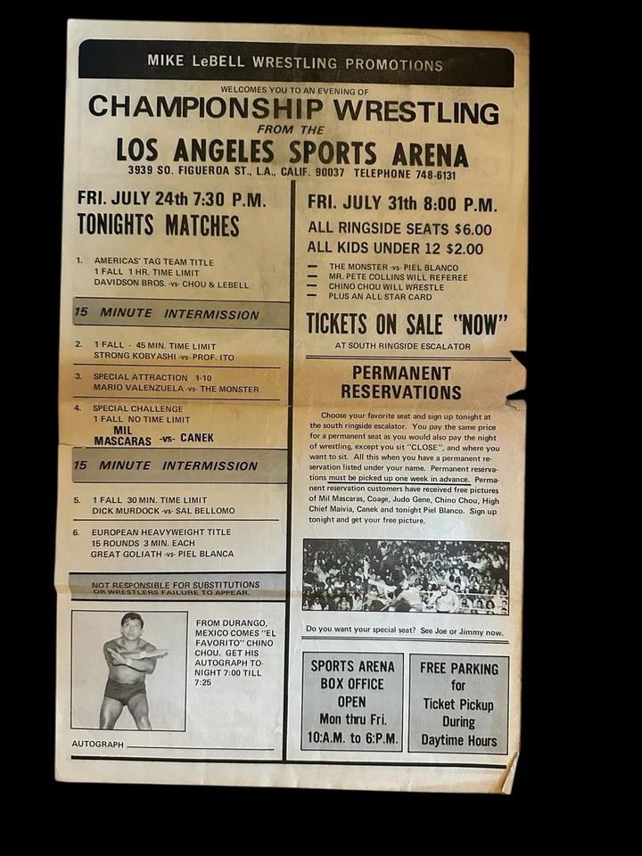 LA Sports Arena Championship Wrestling Program 1981 Mil Mascaras vs Canek LeBell Foto 2 de 2