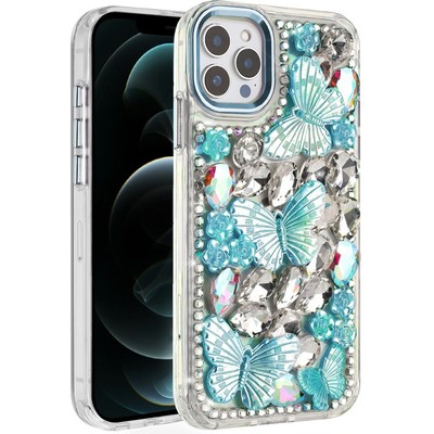 For iPhone 12 Pro Max Case Bling Diamond Large Butterflies Cover +Tempered Glass