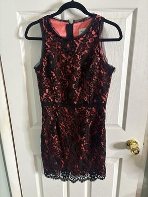 Women s Milly Claudia Dress 4 Black Floral Lace Pink Underlay Sleeveless Scallop