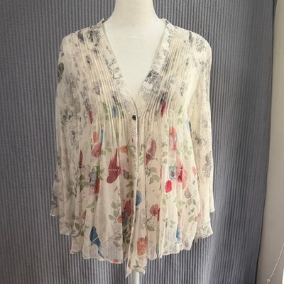 Elizabeth and James Sheer Print Silk Blouse Cream XS Excellent Whimsy Twee Boho