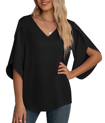Damen Bluse Elegant V Ausschnitt Sommer TShirts Casual Leicht Chiffon Tunika ...